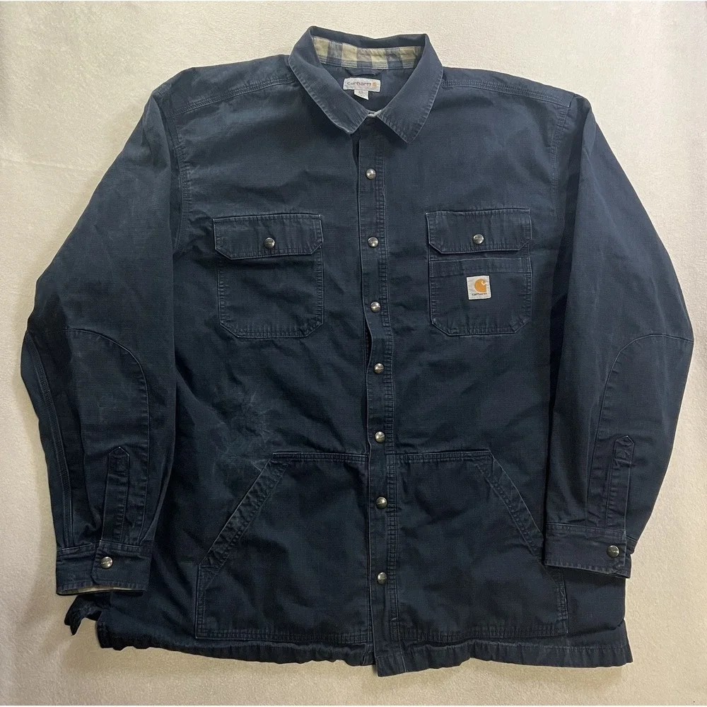 Carhartt Shirt Jacket Mens 3XL Tall Ripstop Flannel Lined Snap Navy 104146 412